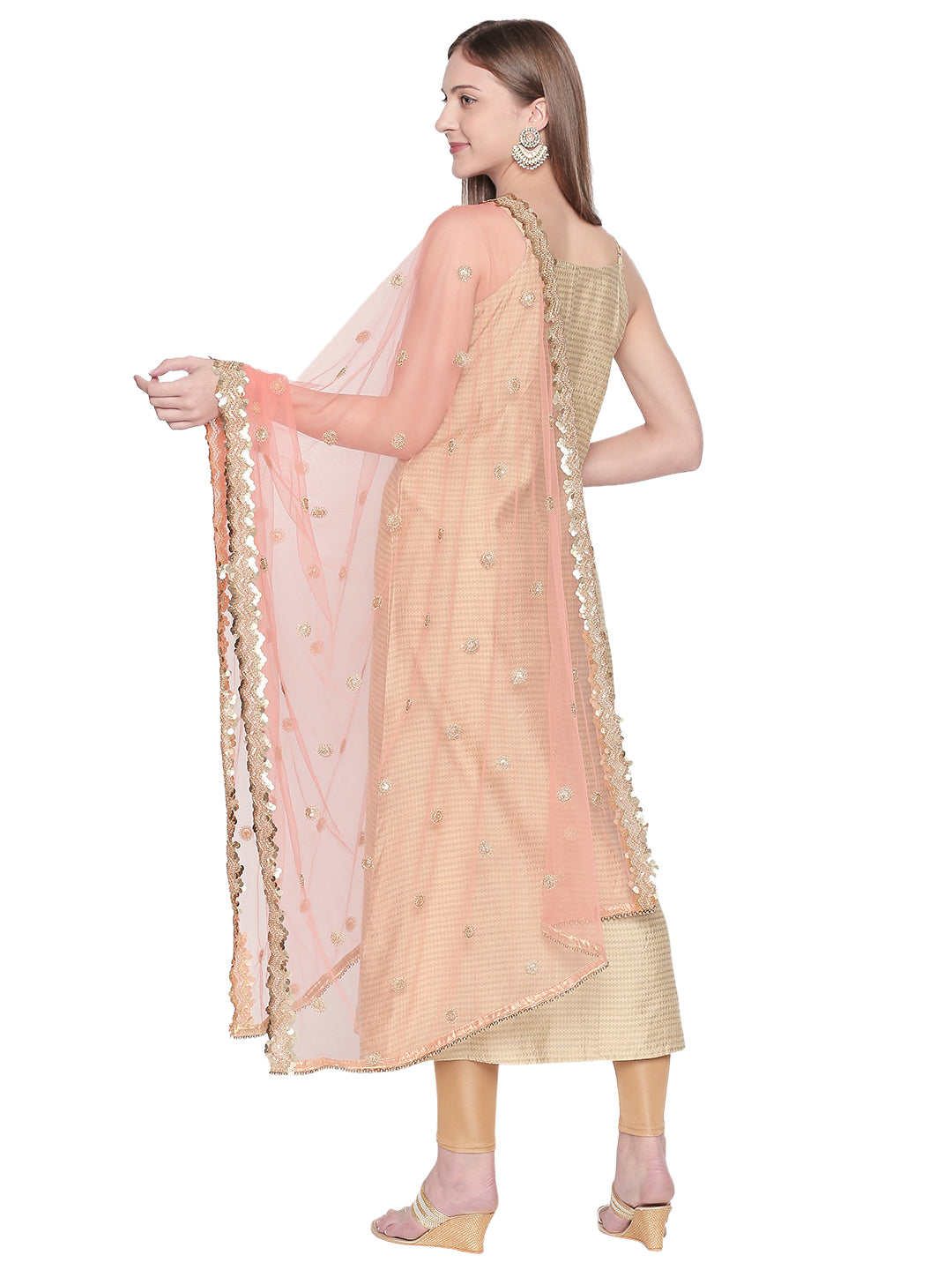 Dupatta Bazaar Woman's Embroidered Peach Net Dupatta. - Dupatta Bazaar