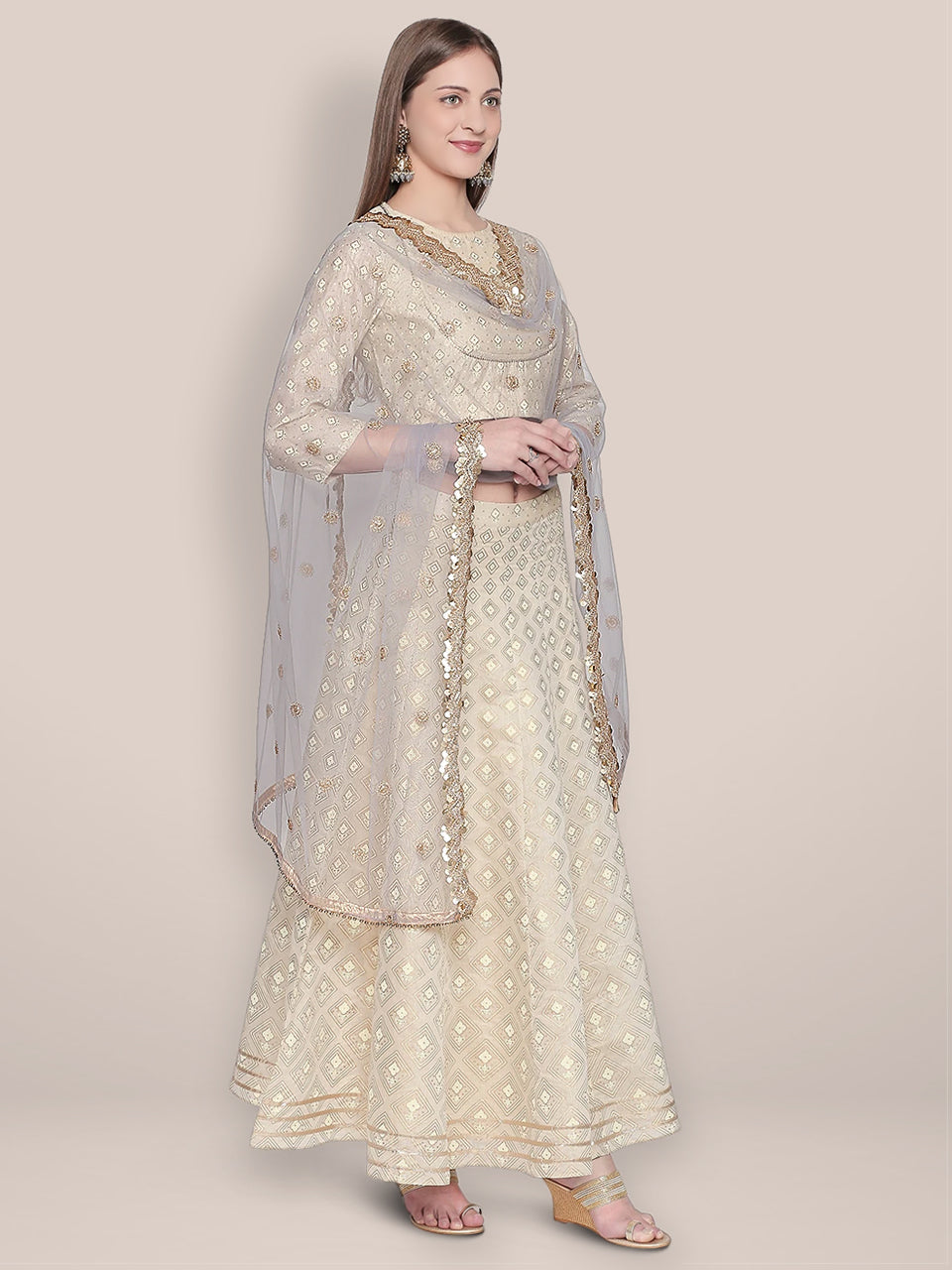 Embroidered Grey Net Dupatta. freeshipping - Dupatta Bazaar