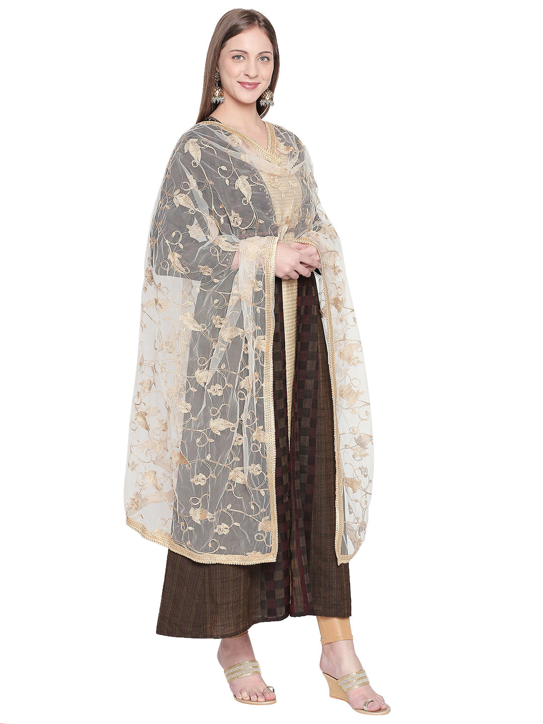 Dupatta Bazaar Woman's Embroidered White & Gold Net Dupatta. - Dupatta Bazaar