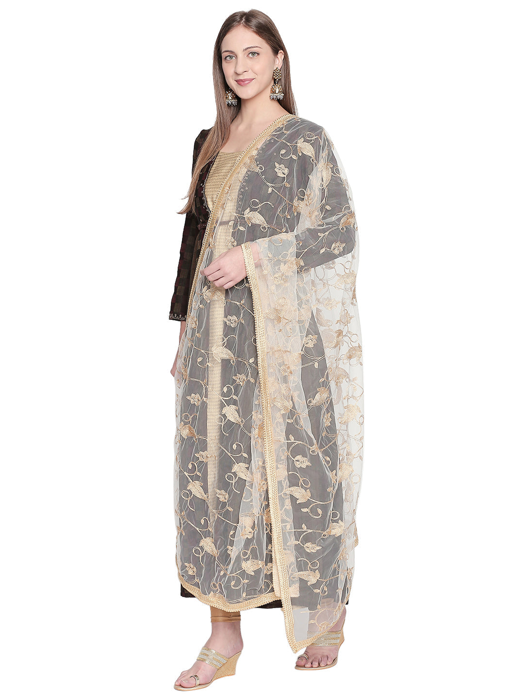 Dupatta Bazaar Woman's Embroidered White & Gold Net Dupatta. - Dupatta Bazaar
