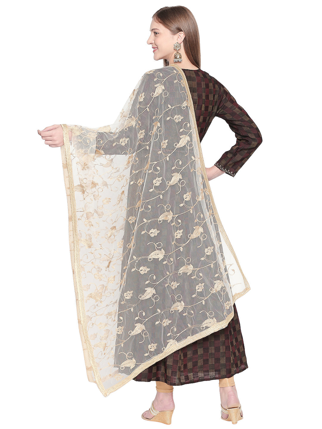 Dupatta Bazaar Woman's Embroidered White & Gold Net Dupatta. - Dupatta Bazaar