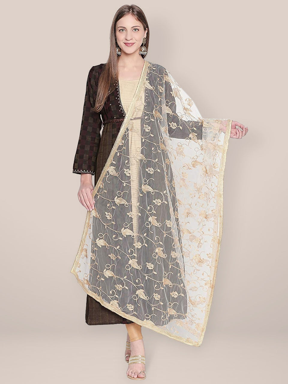 Embroidered White & Gold Net Dupatta. freeshipping - Dupatta Bazaar