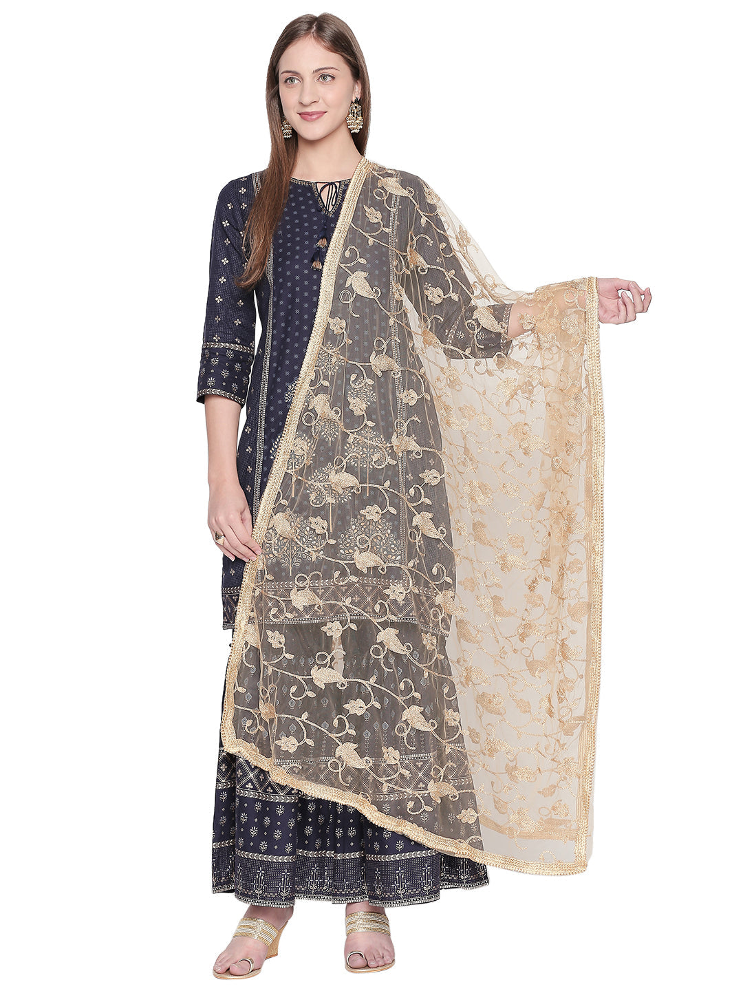 Dupatta Bazaar Woman's Embroidered Gold Net Dupatta. - Dupatta Bazaar