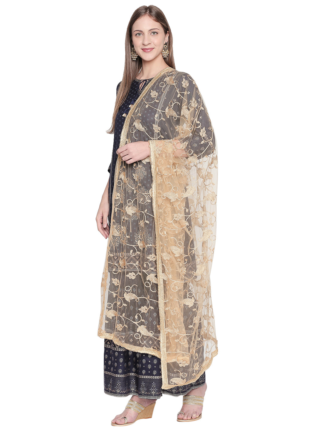 Dupatta Bazaar Woman's Embroidered Gold Net Dupatta. - Dupatta Bazaar