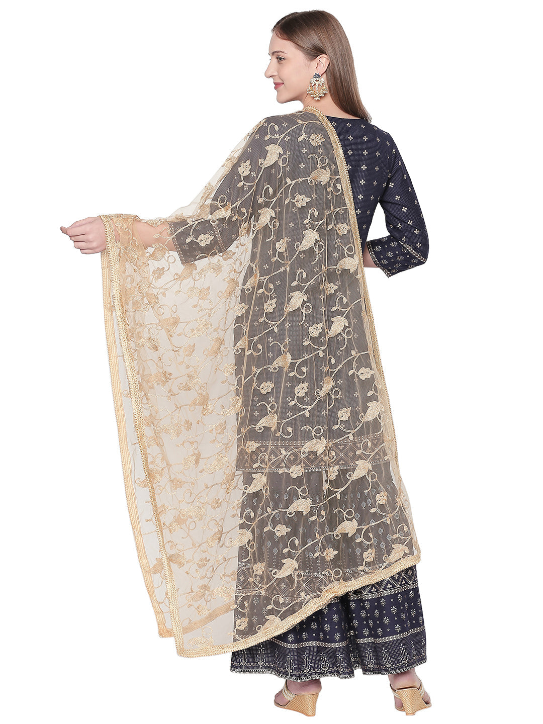Dupatta Bazaar Woman's Embroidered Gold Net Dupatta. - Dupatta Bazaar