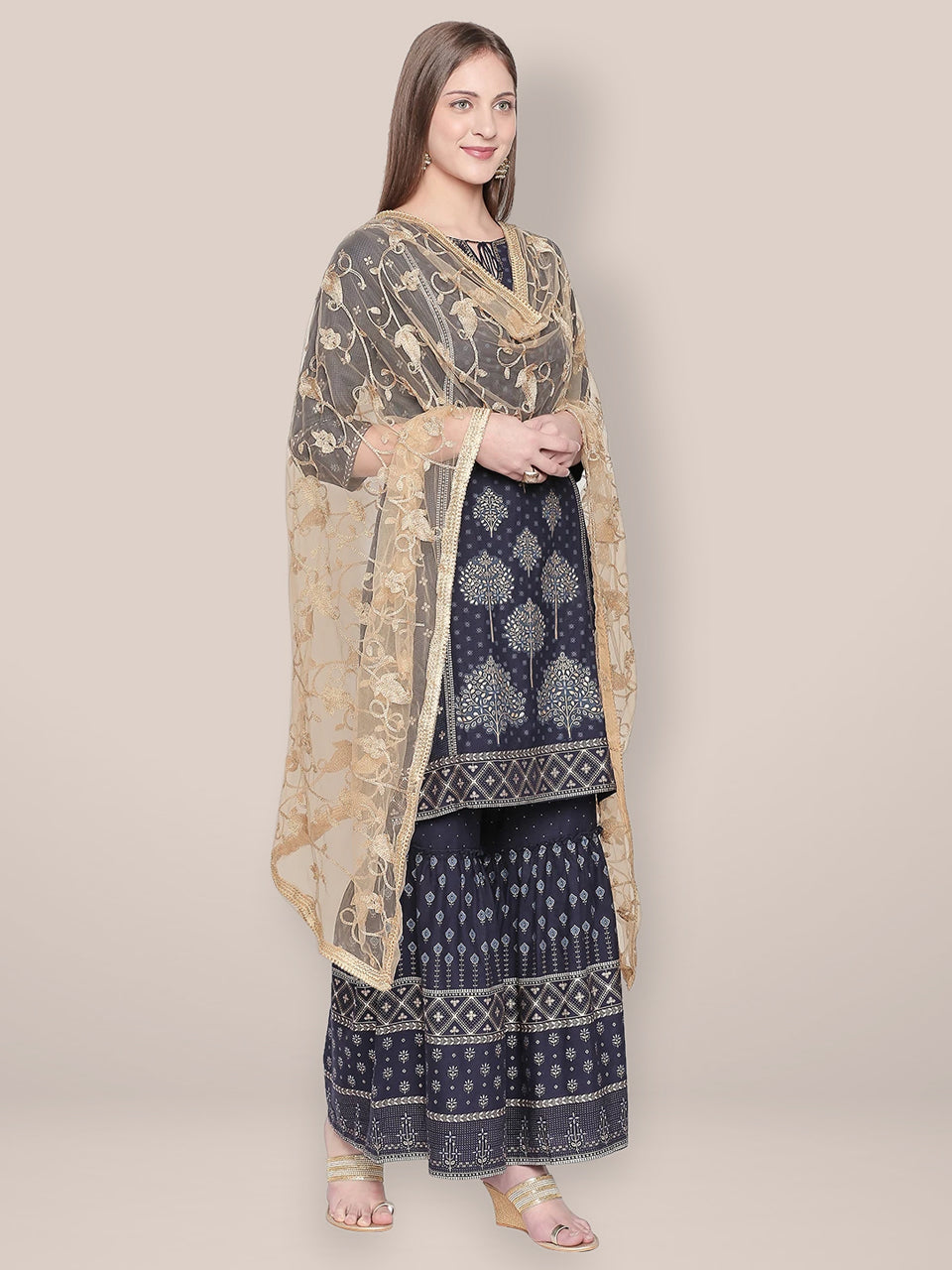 Embroidered Gold Net Dupatta. freeshipping - Dupatta Bazaar