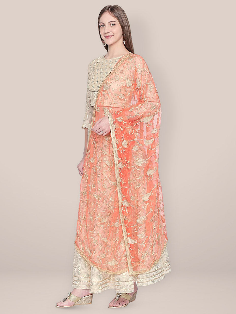 Embroidered Orange & Gold Net Dupatta. freeshipping - Dupatta Bazaar