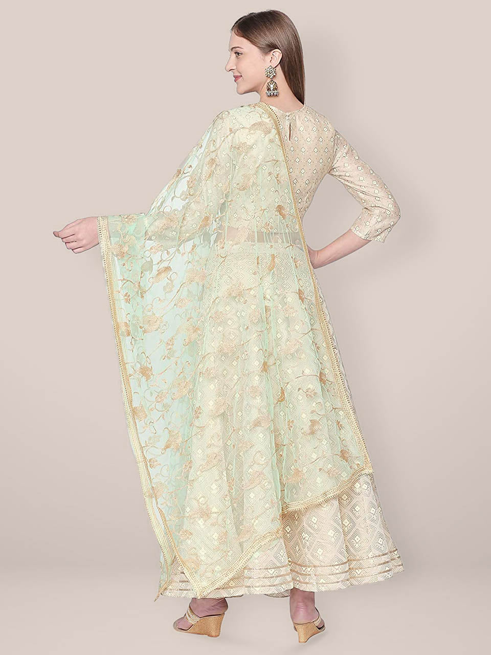 Embroidered Sea Green & Gold Net Dupatta. freeshipping - Dupatta Bazaar