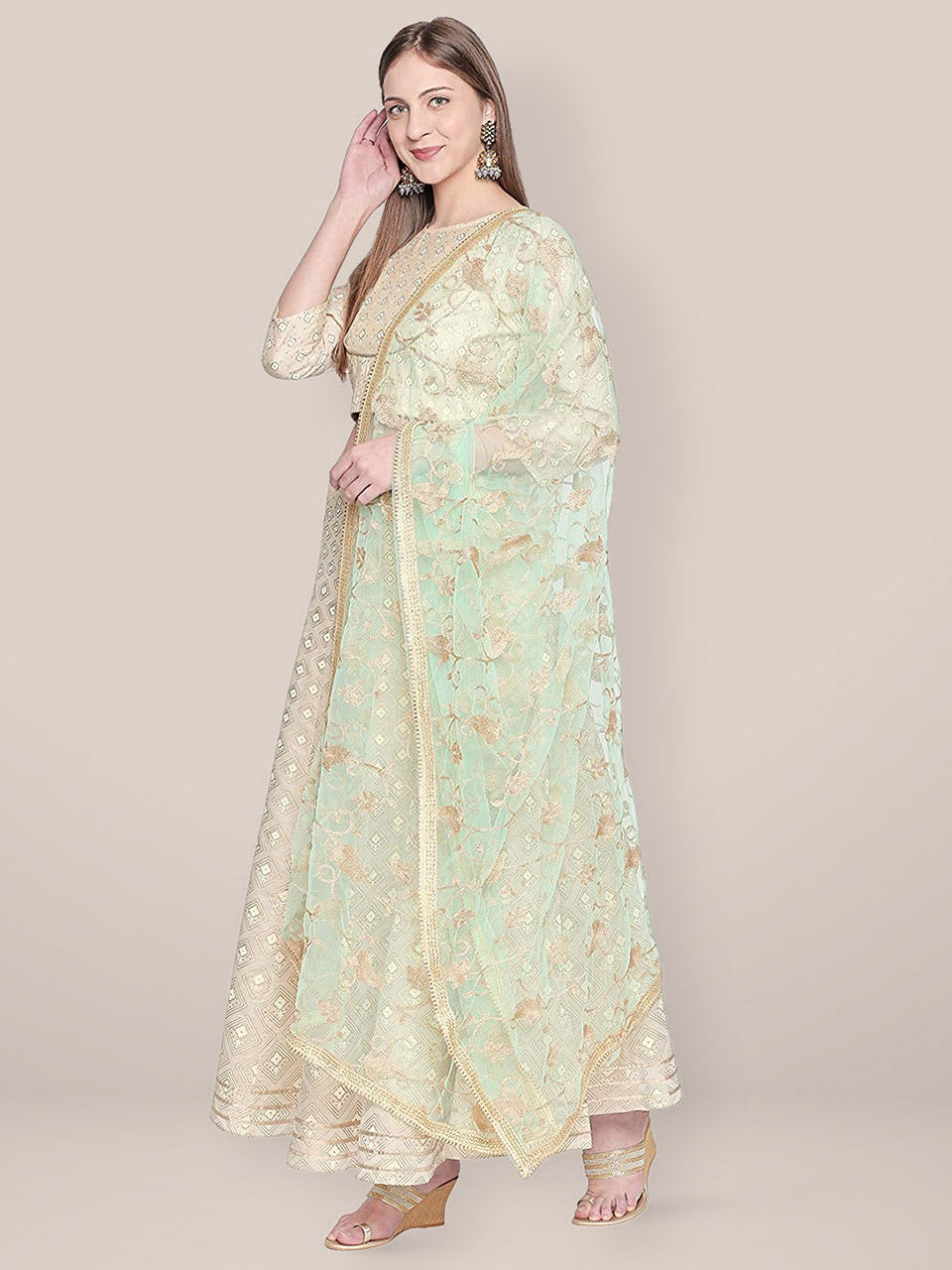 Embroidered Sea Green & Gold Net Dupatta. freeshipping - Dupatta Bazaar