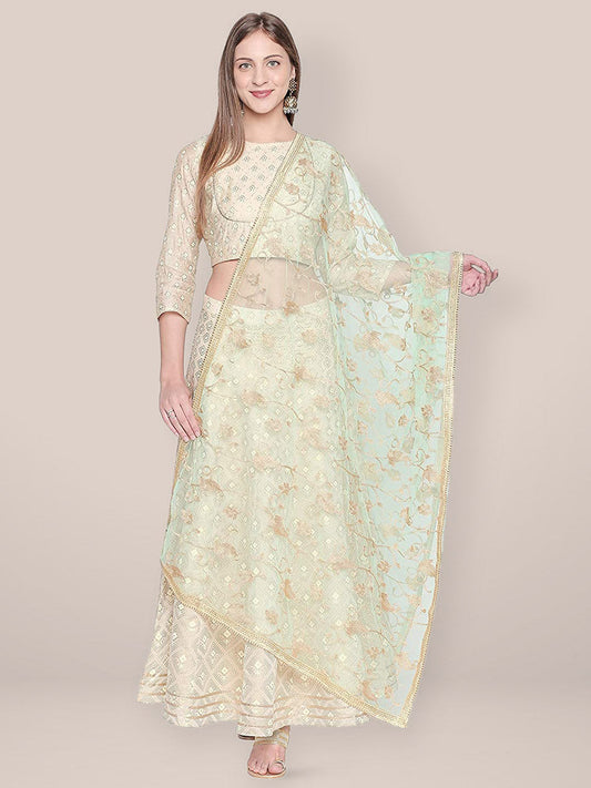 Embroidered Sea Green & Gold Net Dupatta. freeshipping - Dupatta Bazaar