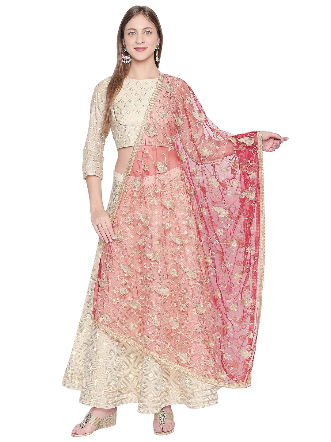 Dupatta Bazaar Woman's Embroidered Red & Gold Net Dupatta. - Dupatta Bazaar