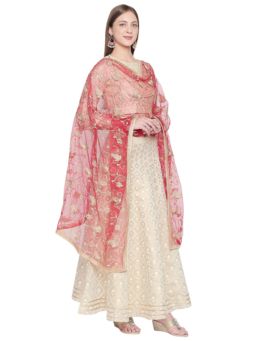 Dupatta Bazaar Woman's Embroidered Red & Gold Net Dupatta. - Dupatta Bazaar