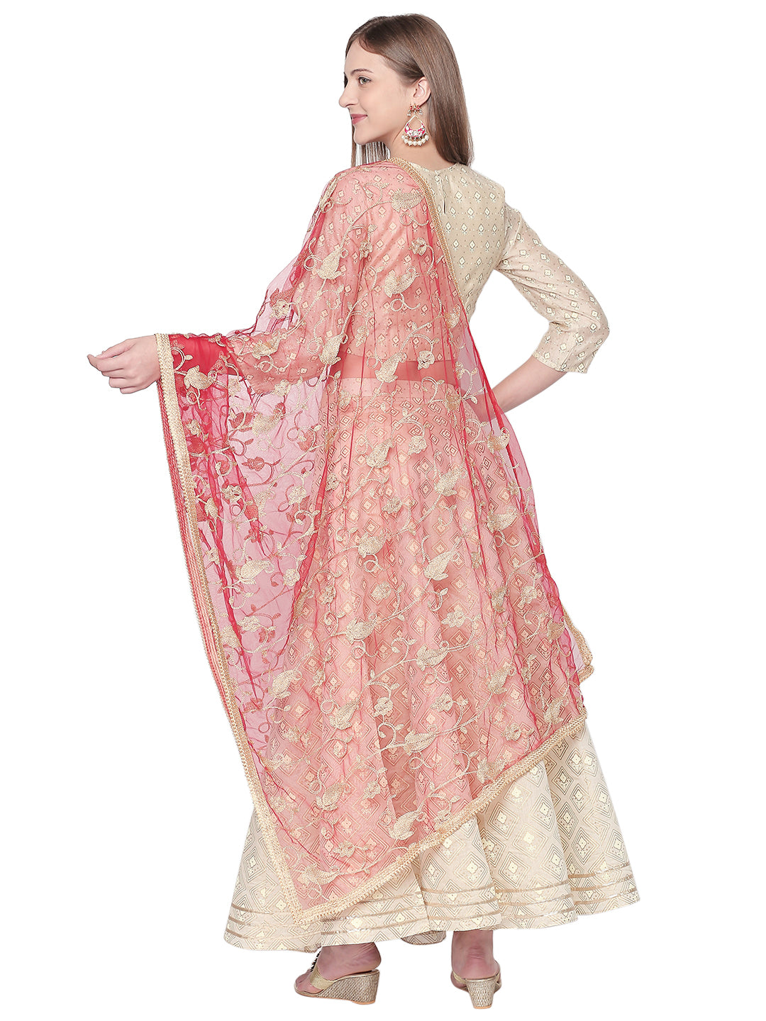 Dupatta Bazaar Woman's Embroidered Red & Gold Net Dupatta. - Dupatta Bazaar