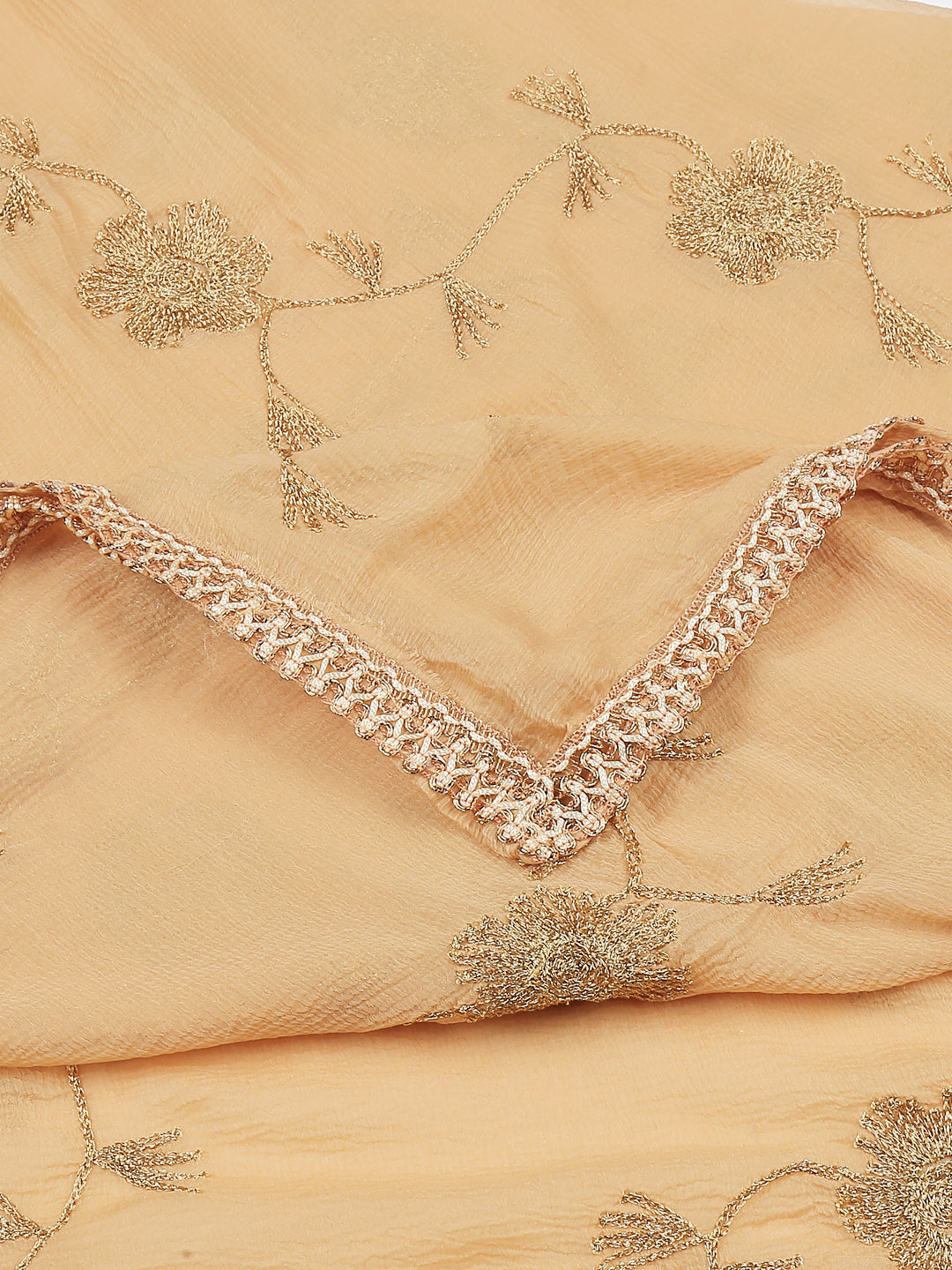 Dupatta Bazaar Woman's Embroidered Beige Chiffon dupatta with Gold border. - Dupatta Bazaar