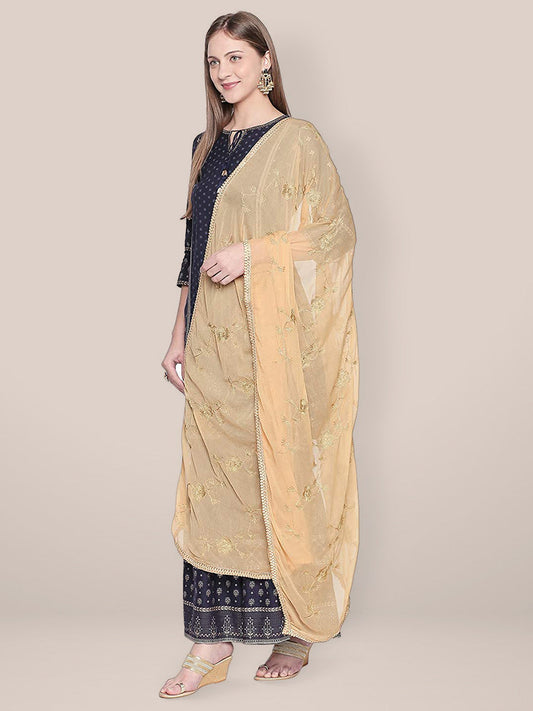 Embroidered Beige Chiffon dupatta with Gold border. freeshipping - Dupatta Bazaar