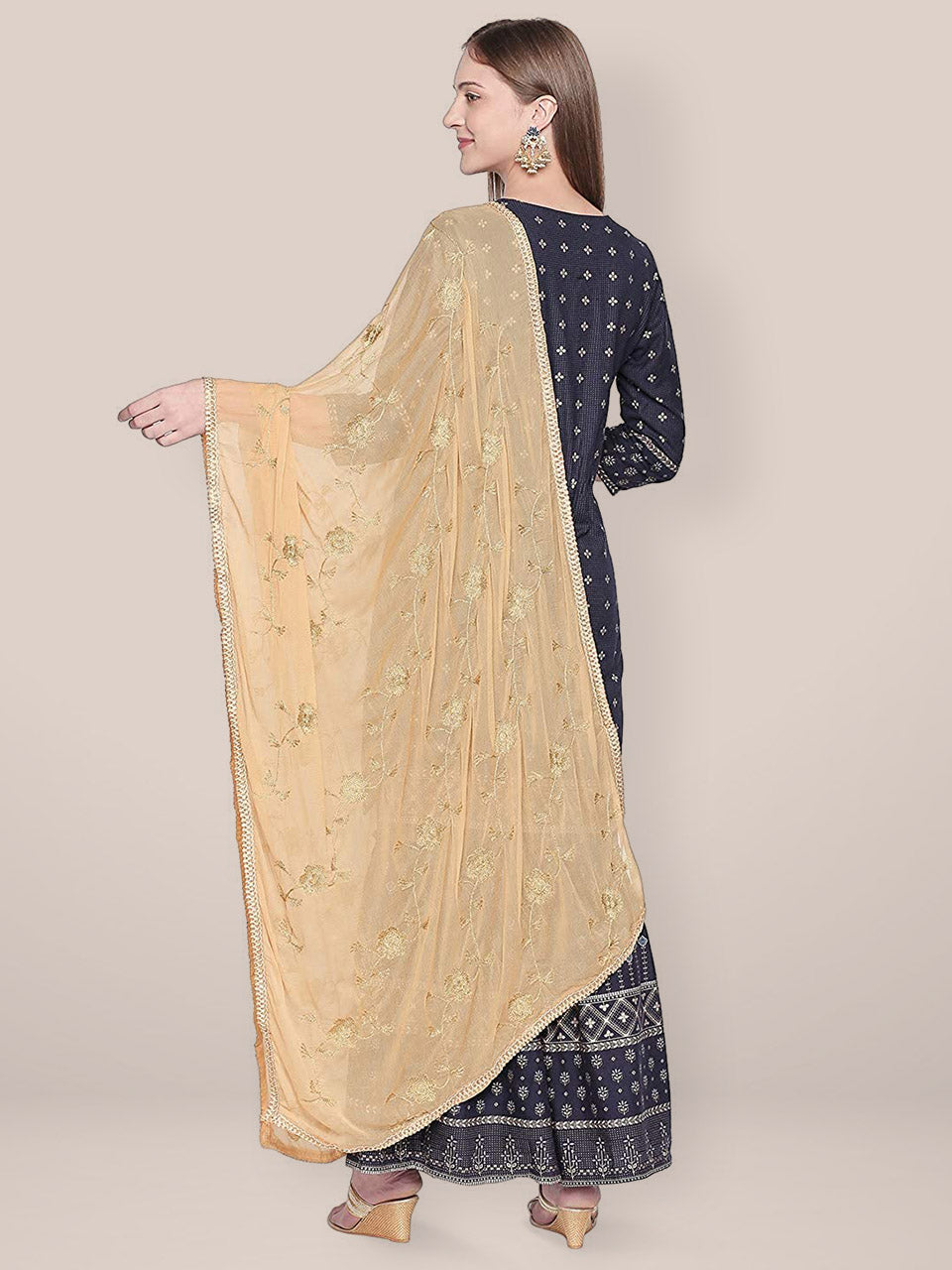 Embroidered Beige Chiffon dupatta with Gold border. freeshipping - Dupatta Bazaar