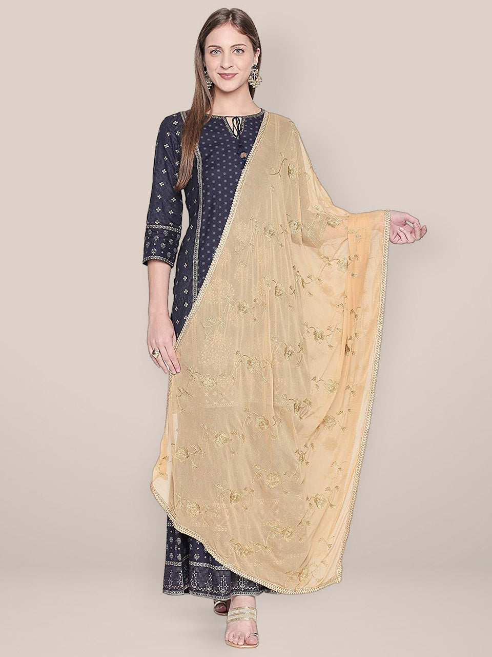 Embroidered Beige Chiffon dupatta with Gold border. freeshipping - Dupatta Bazaar