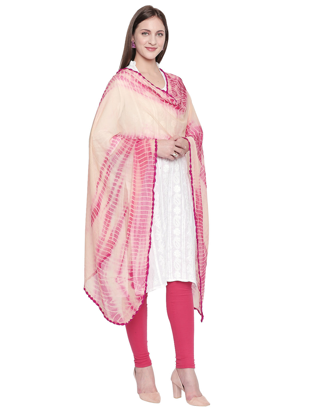 Dupatta Bazaar Woman's Shibori Dyed Magenta & Off White Chiffon dupatta.. - Dupatta Bazaar