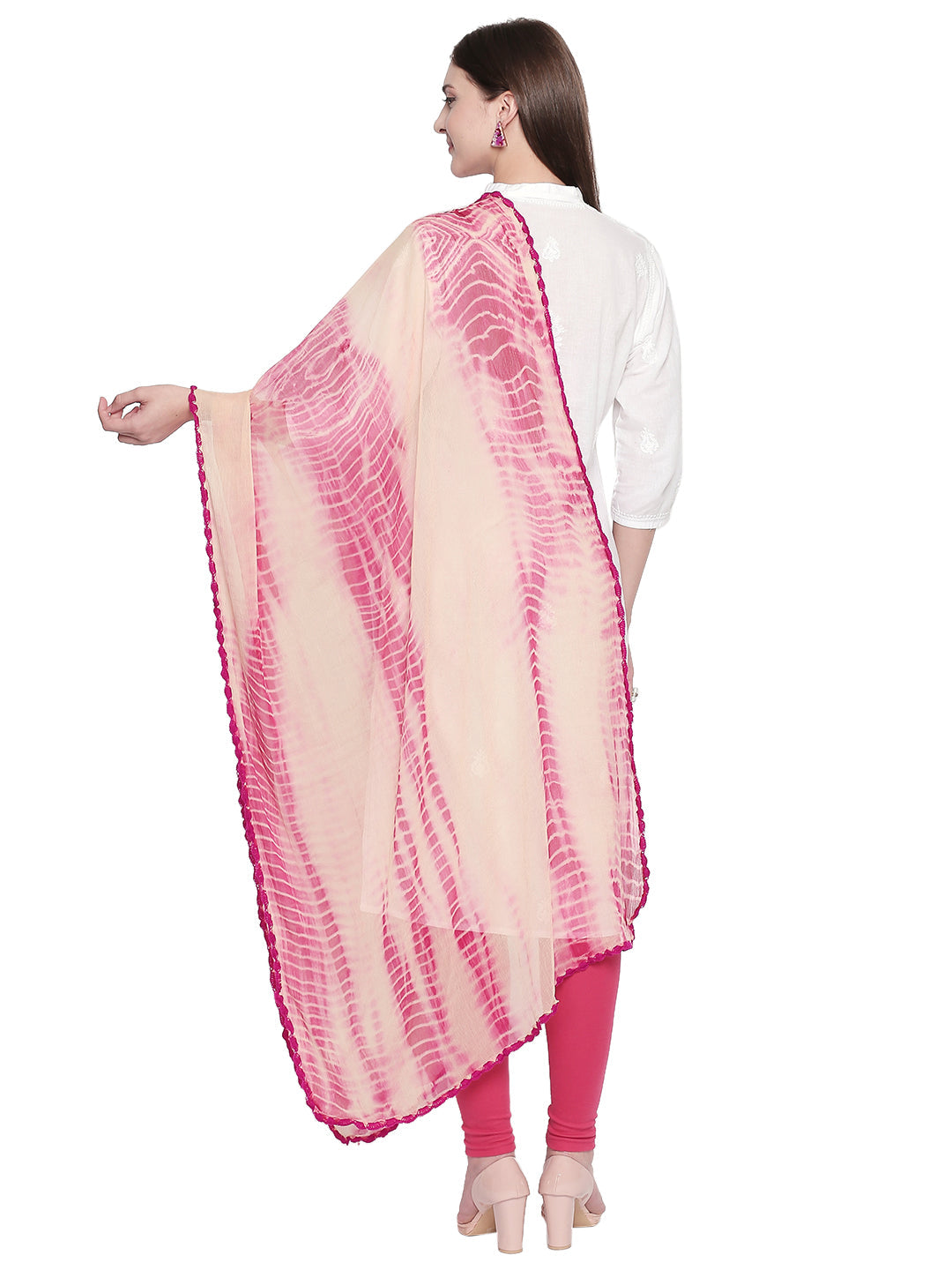 Dupatta Bazaar Woman's Shibori Dyed Magenta & Off White Chiffon dupatta.. - Dupatta Bazaar