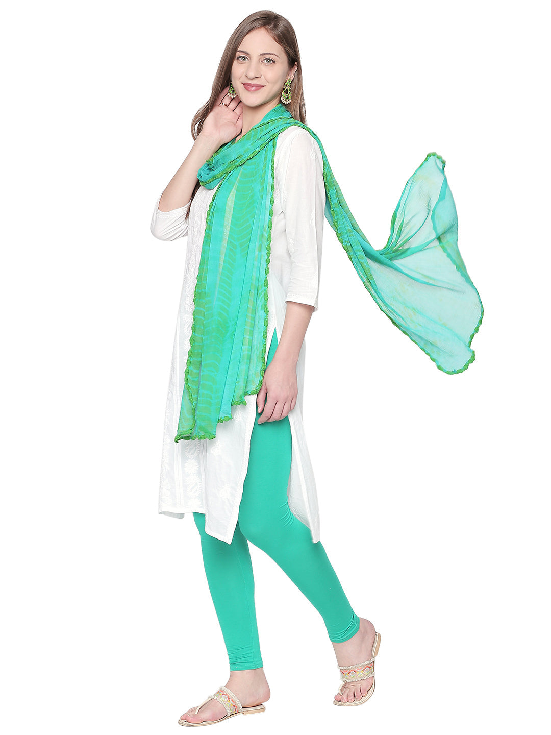 Dupatta Bazaar Woman's Shibori Dyed Green & Blue White Chiffon dupatta.. - Dupatta Bazaar