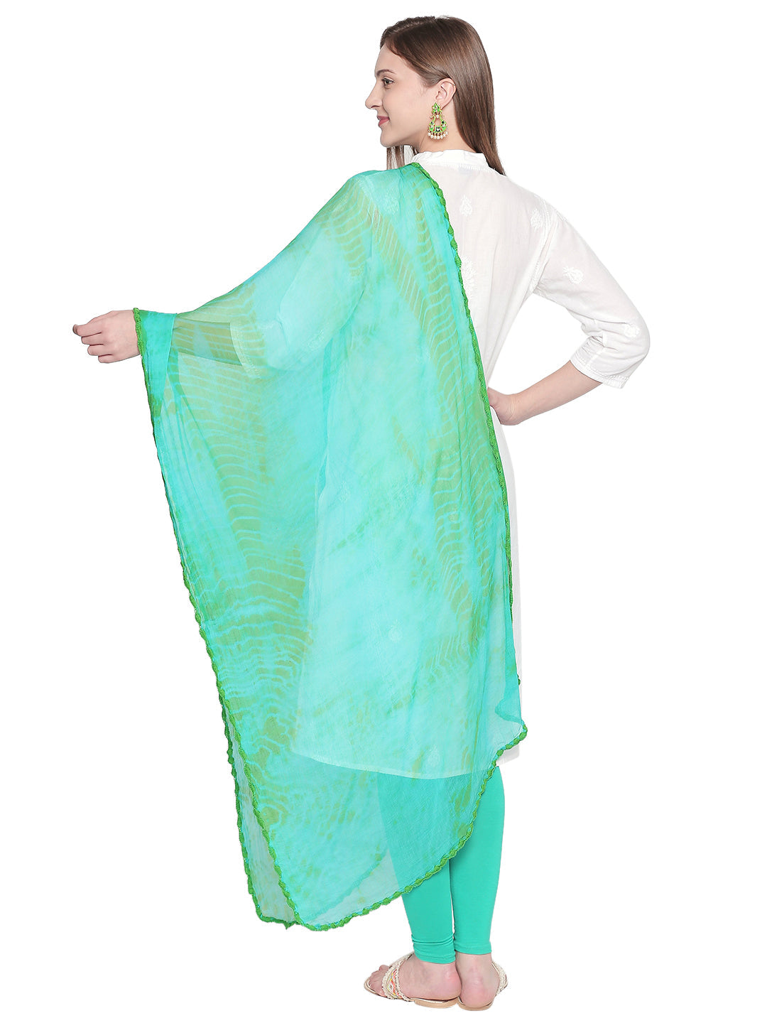 Dupatta Bazaar Woman's Shibori Dyed Green & Blue White Chiffon dupatta.. - Dupatta Bazaar