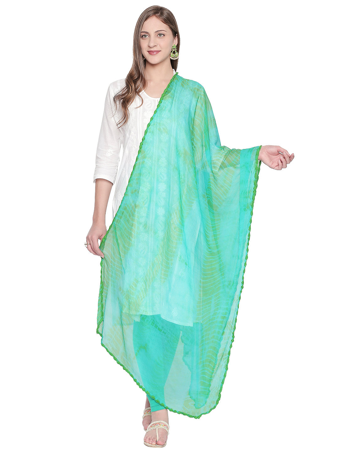 Dupatta Bazaar Woman's Shibori Dyed Green & Blue White Chiffon dupatta.. - Dupatta Bazaar