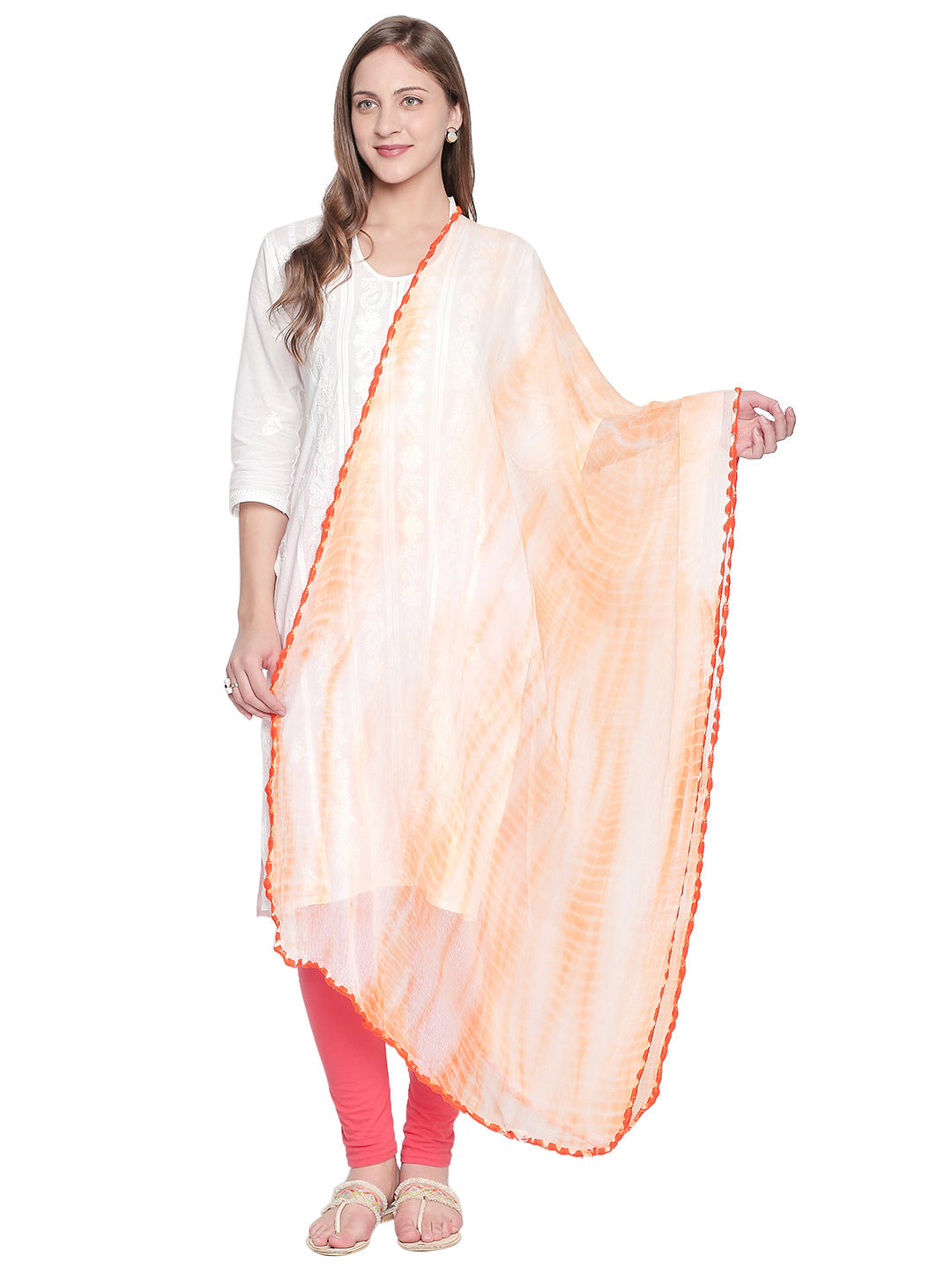 Dupatta Bazaar Woman's Shibori Dyed Orange & White Chiffon dupatta.. - Dupatta Bazaar