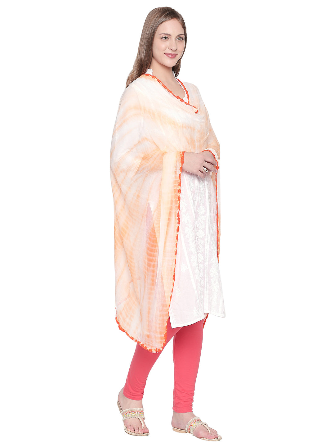 Dupatta Bazaar Woman's Shibori Dyed Orange & White Chiffon dupatta.. - Dupatta Bazaar