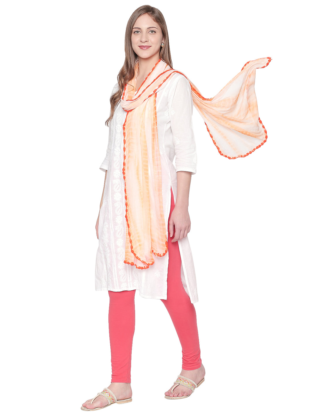 Dupatta Bazaar Woman's Shibori Dyed Orange & White Chiffon dupatta.. - Dupatta Bazaar