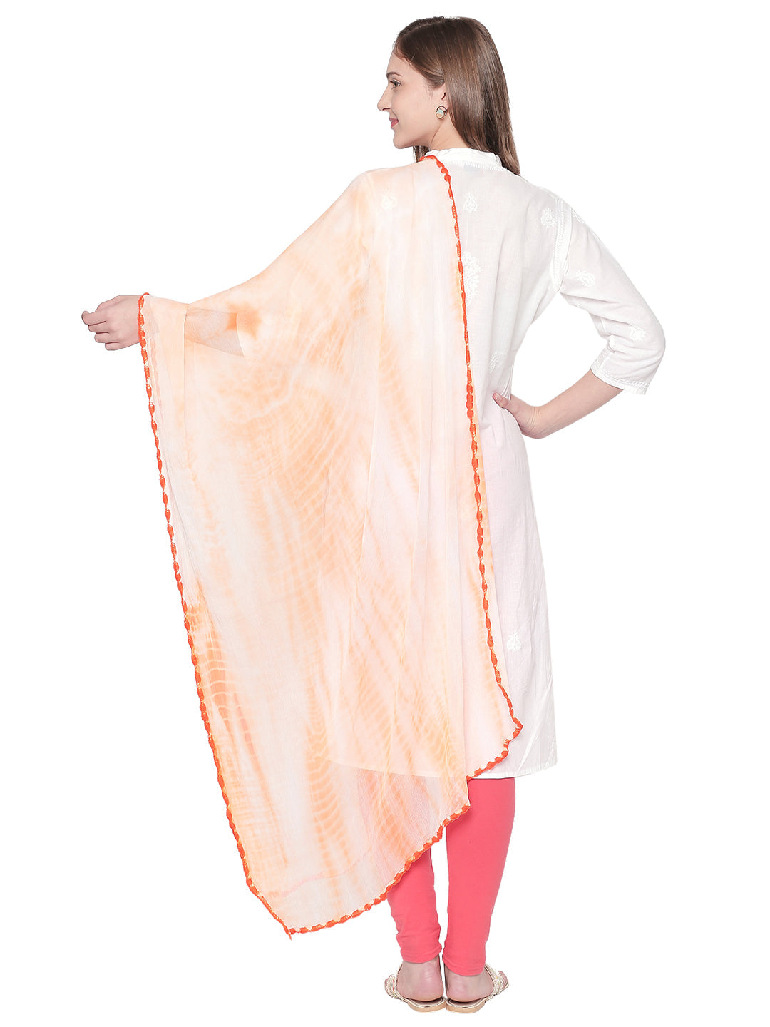 Dupatta Bazaar Woman's Shibori Dyed Orange & White Chiffon dupatta.. - Dupatta Bazaar