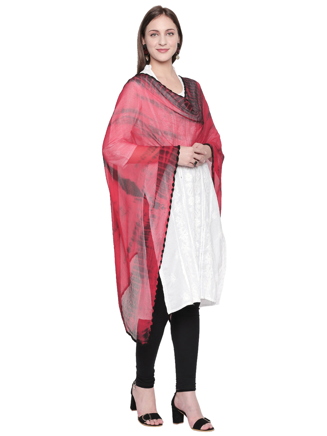 Dupatta Bazaar Woman's Shibori Dyed Red & Black Chiffon dupatta.. - Dupatta Bazaar