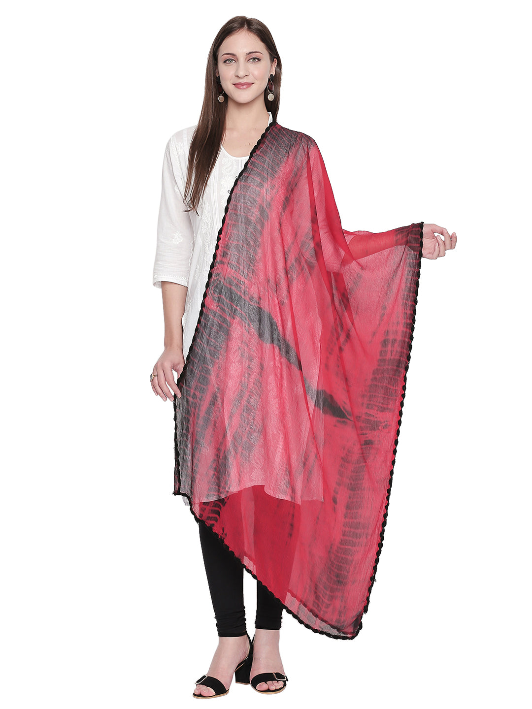 Dupatta Bazaar Woman's Shibori Dyed Red & Black Chiffon dupatta.. - Dupatta Bazaar