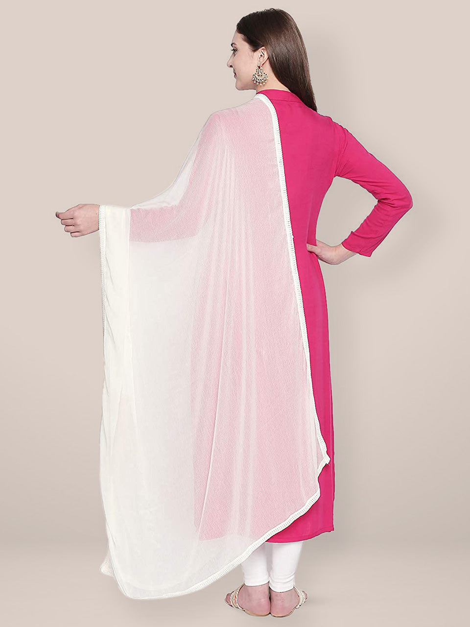 Off White Chiffon Dupatta with border lace freeshipping - Dupatta Bazaar