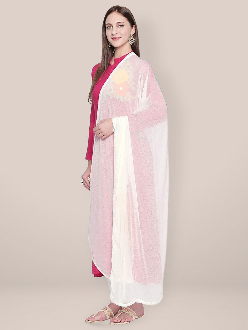 Off White Chiffon Dupatta with border lace freeshipping - Dupatta Bazaar