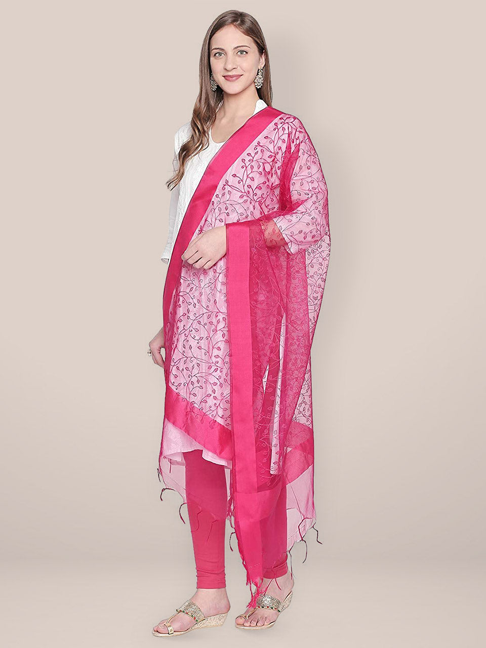Embroidered Pink Organza Dupatta freeshipping - Dupatta Bazaar