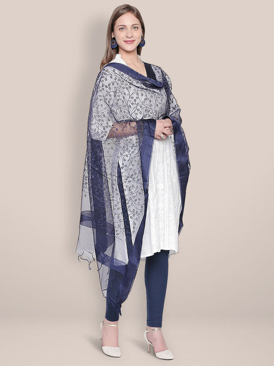 Embroidered Navy Blue Organza Dupatta freeshipping - Dupatta Bazaar