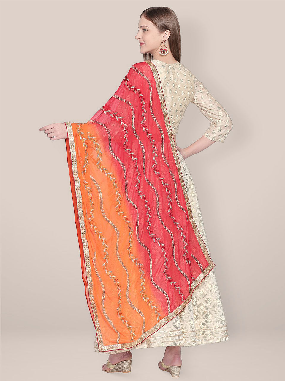 Embroidered Red and Orange Chiffon Dupatta. freeshipping - Dupatta Bazaar