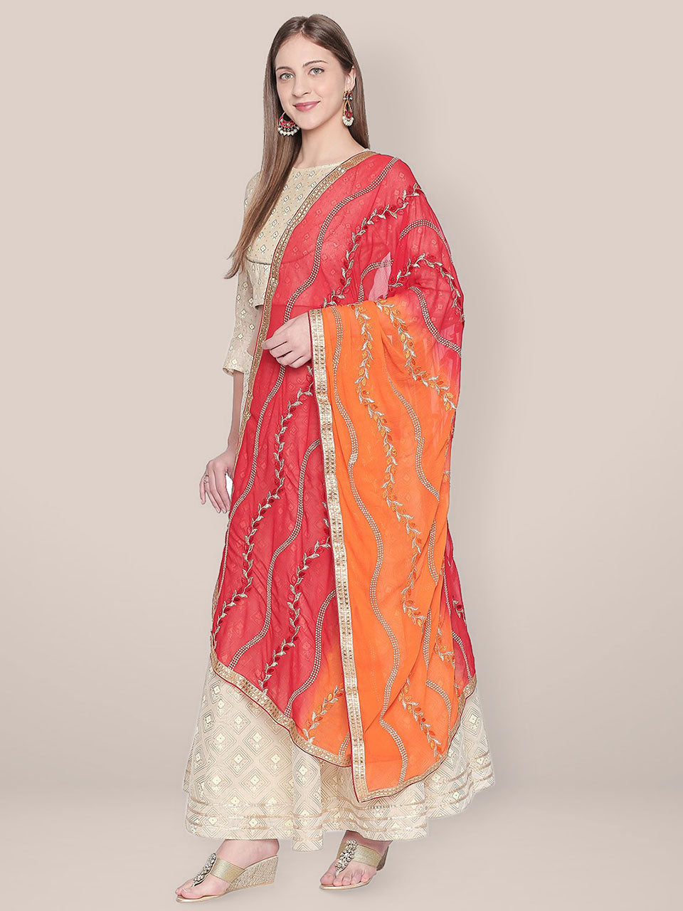 Embroidered Red and Orange Chiffon Dupatta. freeshipping - Dupatta Bazaar
