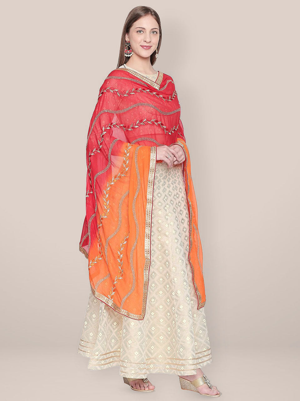 Embroidered Red and Orange Chiffon Dupatta. freeshipping - Dupatta Bazaar