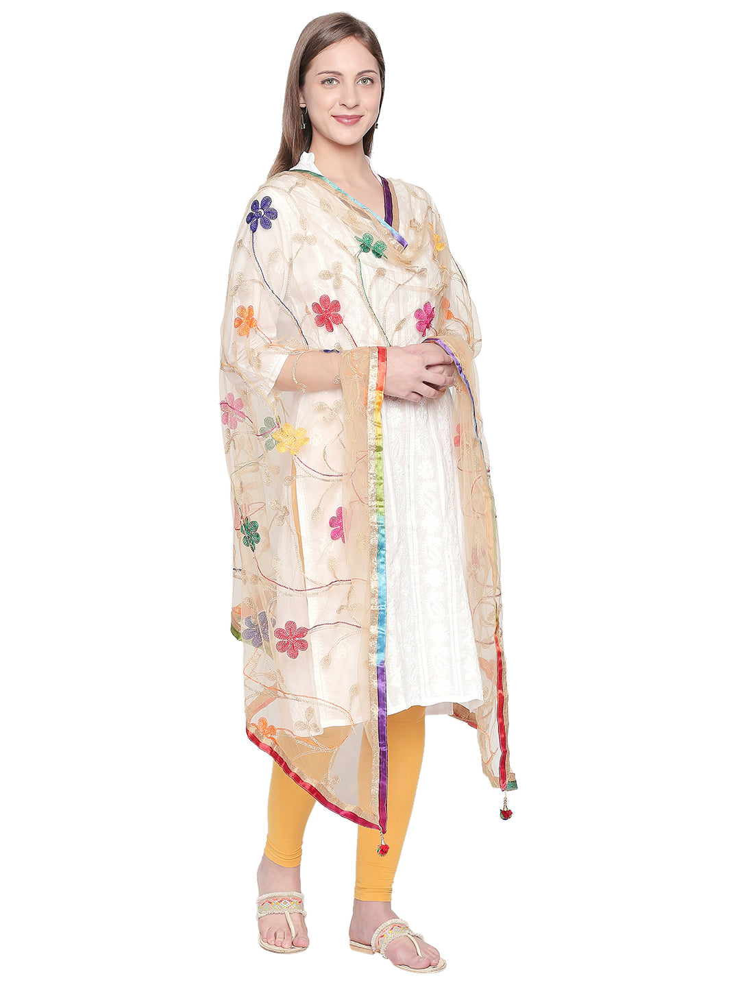 Dupatta Bazaar Woman's Multicolour Embroidered Off White Net Dupatta. - Dupatta Bazaar