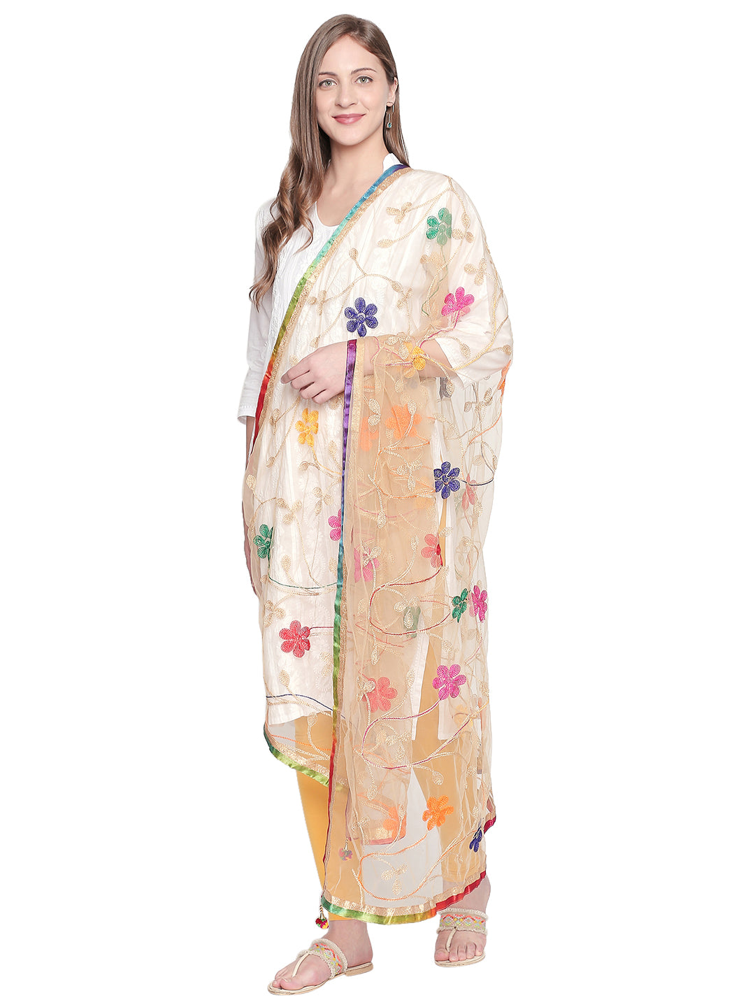 Dupatta Bazaar Woman's Multicolour Embroidered Off White Net Dupatta. - Dupatta Bazaar