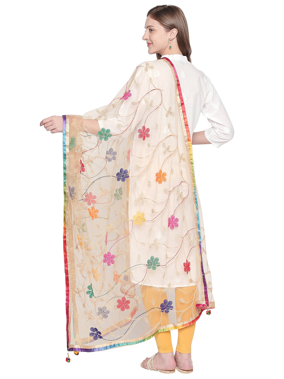 Dupatta Bazaar Woman's Multicolour Embroidered Off White Net Dupatta. - Dupatta Bazaar