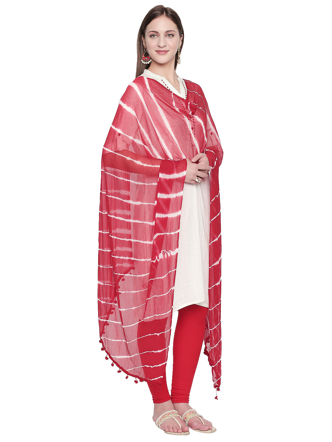 Dupatta Bazaar Woman's Leheria Red and White Chiffon Dupatta. - Dupatta Bazaar