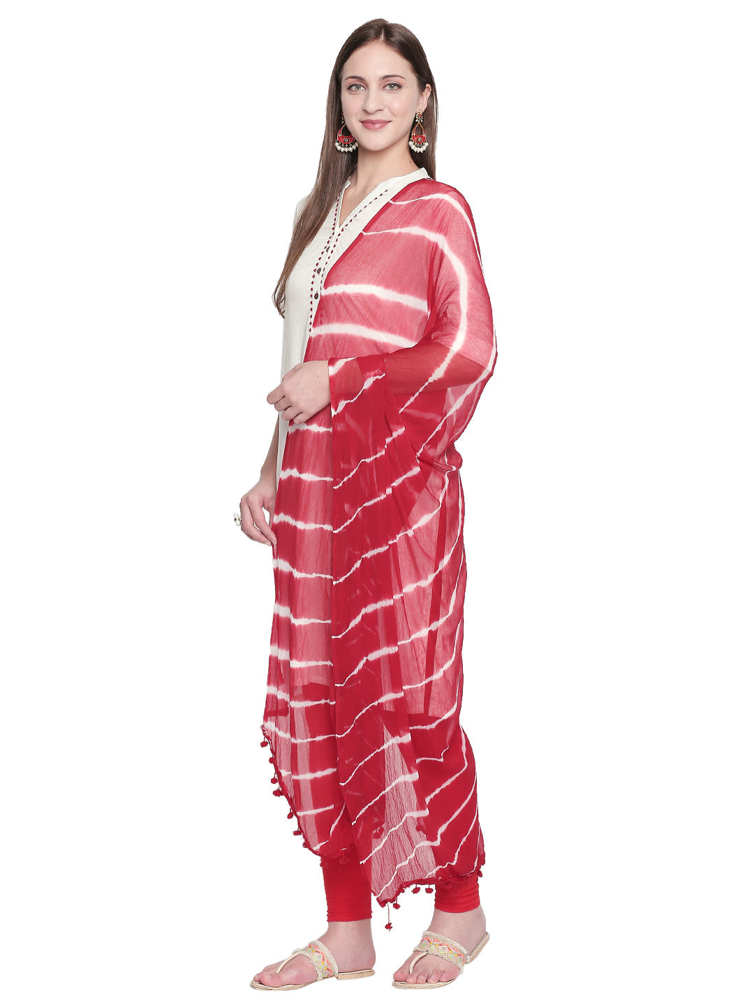 Dupatta Bazaar Woman's Leheria Red and White Chiffon Dupatta. - Dupatta Bazaar