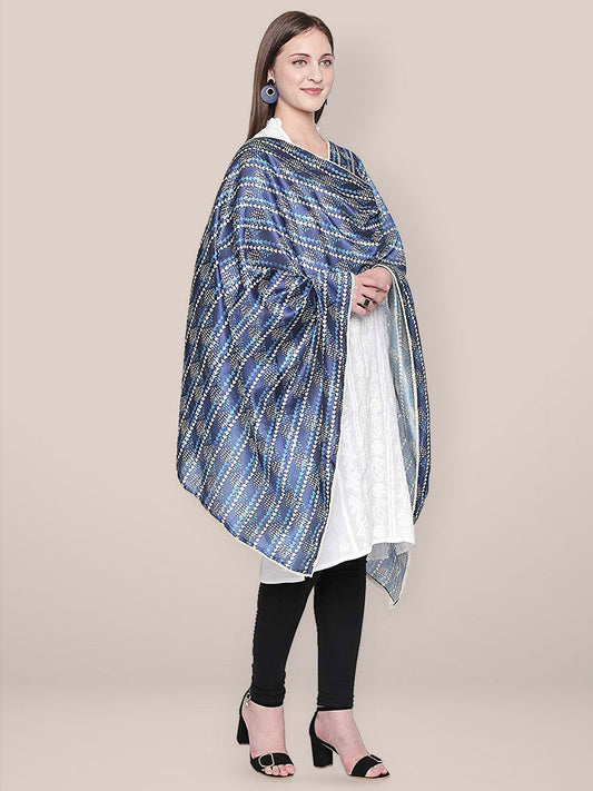 Indigo Printed Art Silk Dupatta with lace freeshipping - Dupatta Bazaar