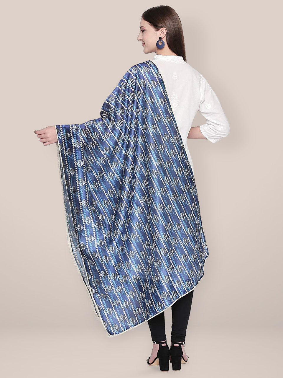 Indigo Printed Art Silk Dupatta with lace freeshipping - Dupatta Bazaar