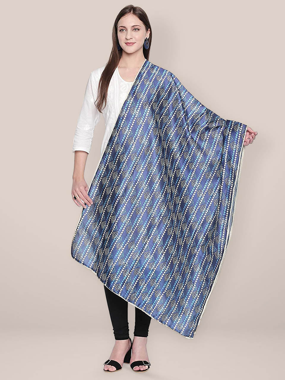 Indigo Printed Art Silk Dupatta with lace freeshipping - Dupatta Bazaar