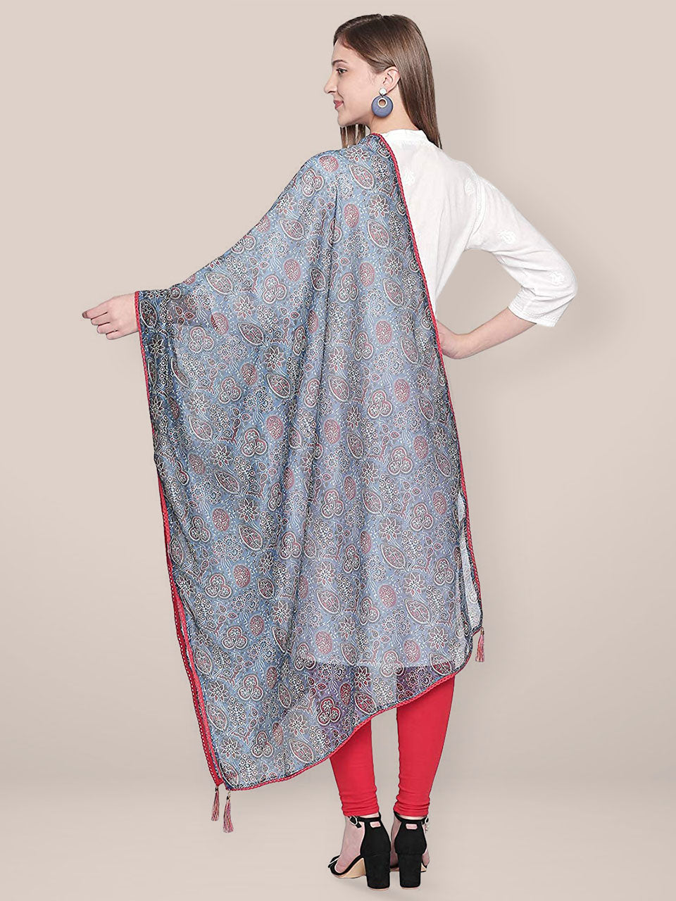 Indigo Printed Art Silk Dupatta with lace freeshipping - Dupatta Bazaar