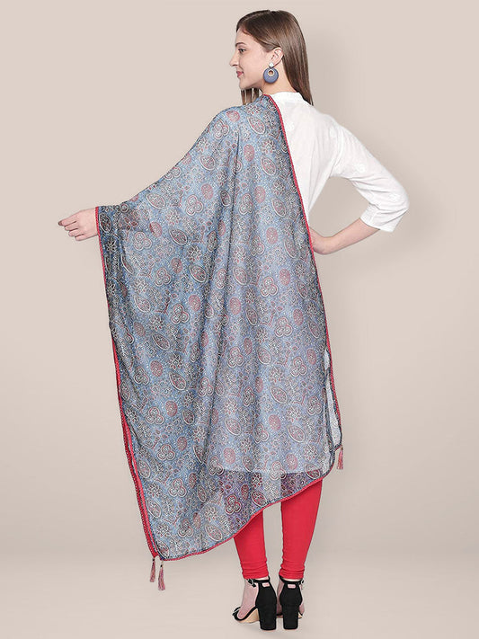 Indigo Printed Art Silk Dupatta with lace freeshipping - Dupatta Bazaar