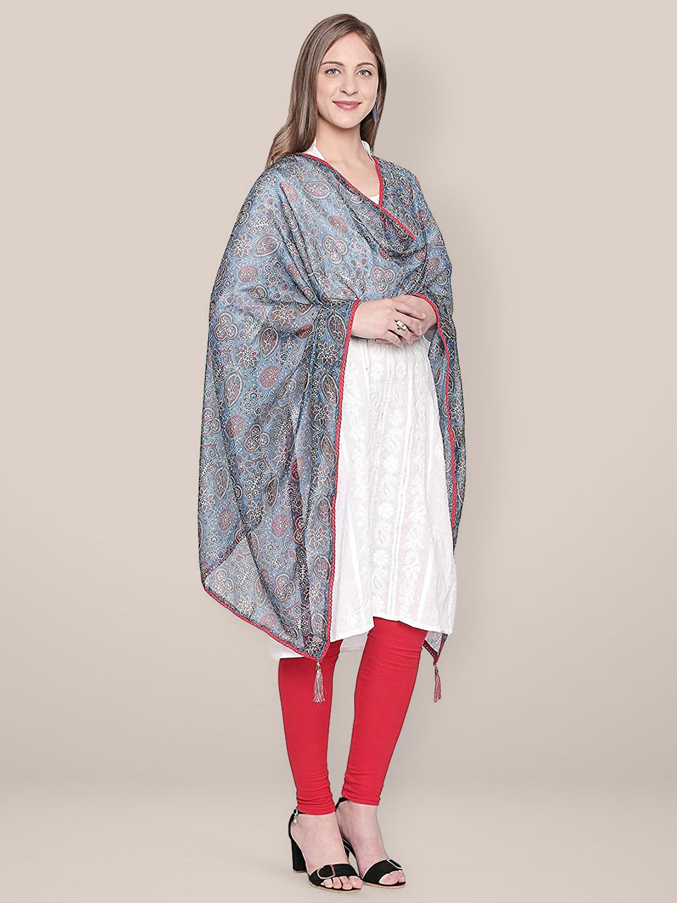 Indigo Printed Art Silk Dupatta with lace freeshipping - Dupatta Bazaar